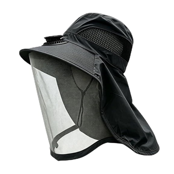 Hat with Fan, Solar Powered Sun Hat with Mesh Face Shield, Adjustable Breathable Wide Brim Bucket Cap for Men Women Outdoor Fishing Hiking Gardening, 21.7" Head Size, Sun Protection