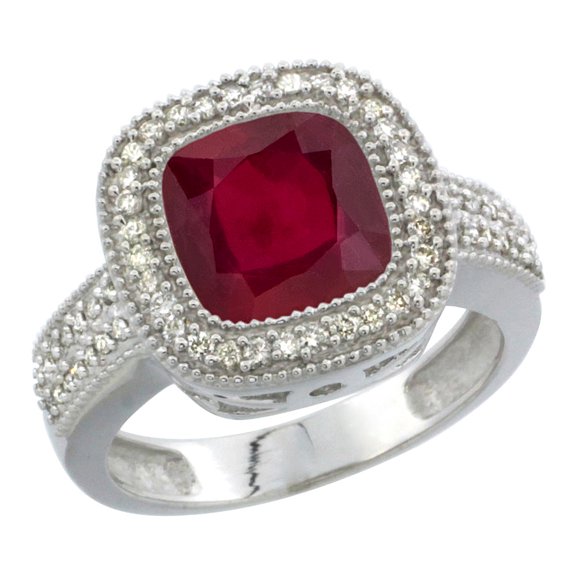 14K Yellow Gold Diamond and Enhanced Genuine Ruby Ring Cushion-cut 9x9mm, size 9.5