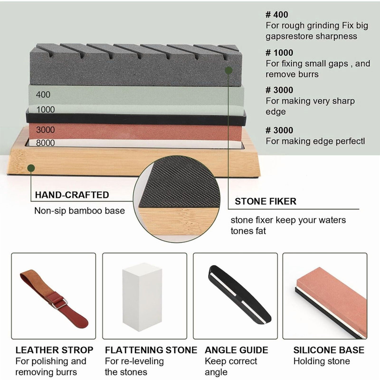 Complete Knife Sharpening Stone Set – Dual Grit Whetstone 400/1000 3000/8000 Knife Sharpener with Leather Strop, Flattening Stone, Bamboo Base & Angle Guide
