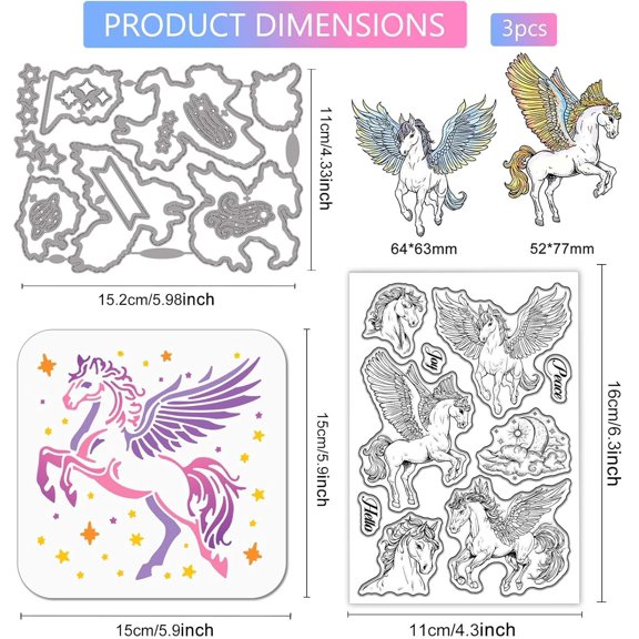 Wings Pegasus Clear Silicone Stamp Metal Flying Horse Cutting Die Cuts Magic Animals Paint Craft Stencils for Card Making Scrapbooking Craft DIY Embossing