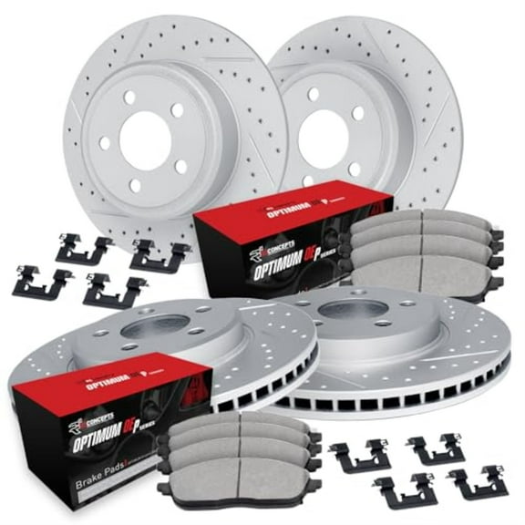 R1 Concepts Drilled and Slotted Carbon Coated Disc Brake Rotor Set with Optimum Oe Pads and Hardware WBUH2-03068