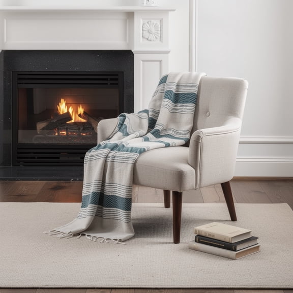 50" X 60" Teal And Blue Cotton Woven Striped Throw Blanket with Fringe
