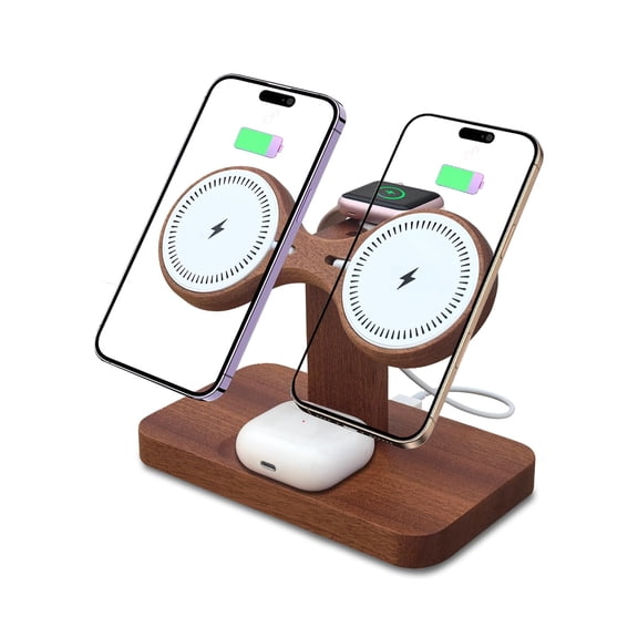 Dual Phone Charging Station for Apple Devices,Wood Magnetic Phone Charger Stand for Two iPhone 17 16 15 14 13 12 Mini Se,Wireless Charger Apple Charging Station for iWatch Series AirPod 4 3 2 Pro