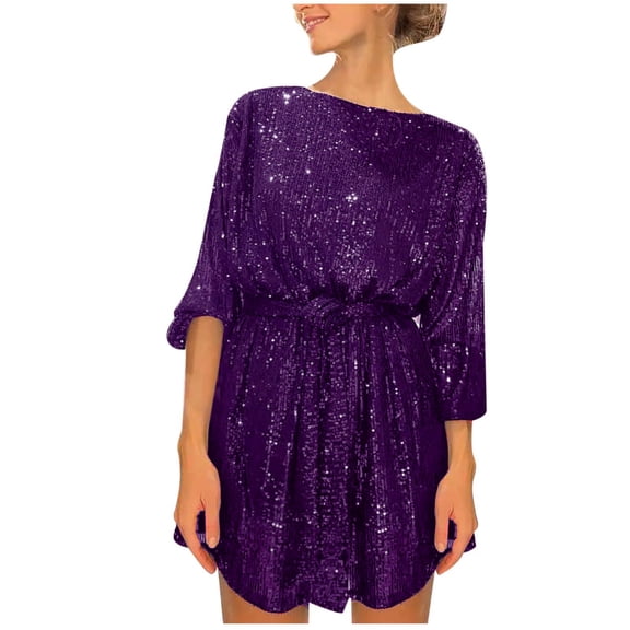 Cocktail Dresses for Women Loose Long Sleeve Straight Sequin Glitter Dress Party Sequin Beaded Dress for Prom, Red Carpet Events, and Birthday Celebrations. Purple L