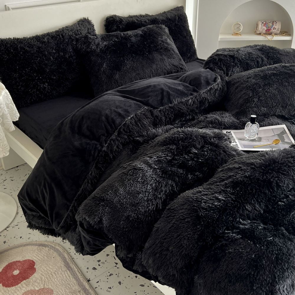 Sanmadrola Bedding Comforter Sets Bed in a Bag Queen Size Shaggy Plush Faux Fur Fluffy Bedding Sets Duvet Cover Soft Velvet Fuzzy Quilt Cover with 2 Pillow Cover Black