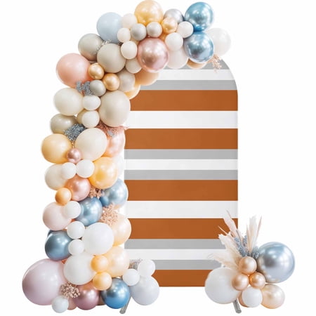 Burnt Orange Grey Stripe Arch Backdrop Cover 6.6Ft, Wedding Arch Covers Stretchy Backdrop, Minimalist Farmhouse Striped Fitted 2 Sided Arched Photo Background for Birthday Party Decorations