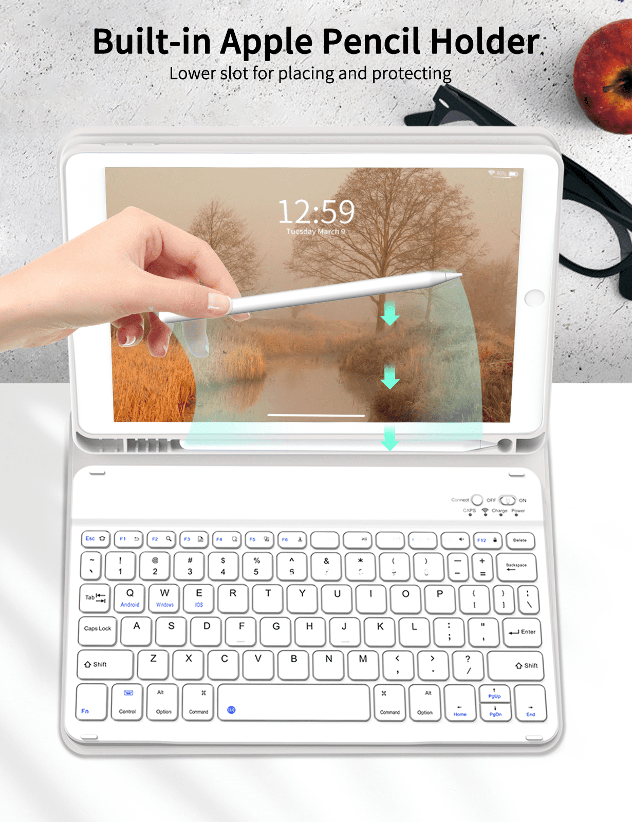Aoub Keyboard Case for iPad 6th / 5th Generation 2018/2017 9.7 Inch, iPad Air / Air 2, Magnetic Detachable Wireless Bluetooth Folio Stand Rechargeable Keyboard Cover with Pencil Holder, Grey
