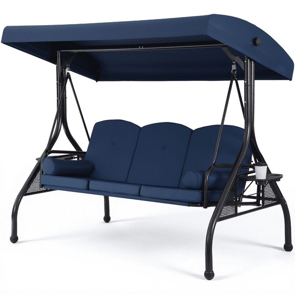 DELMANGO 3-Seat Outdoor Porch Swing with Adjustable Canopy, 2 in 1 Convertible Patio Swing Bed, Patio Glider Swing for Backyard, Blue