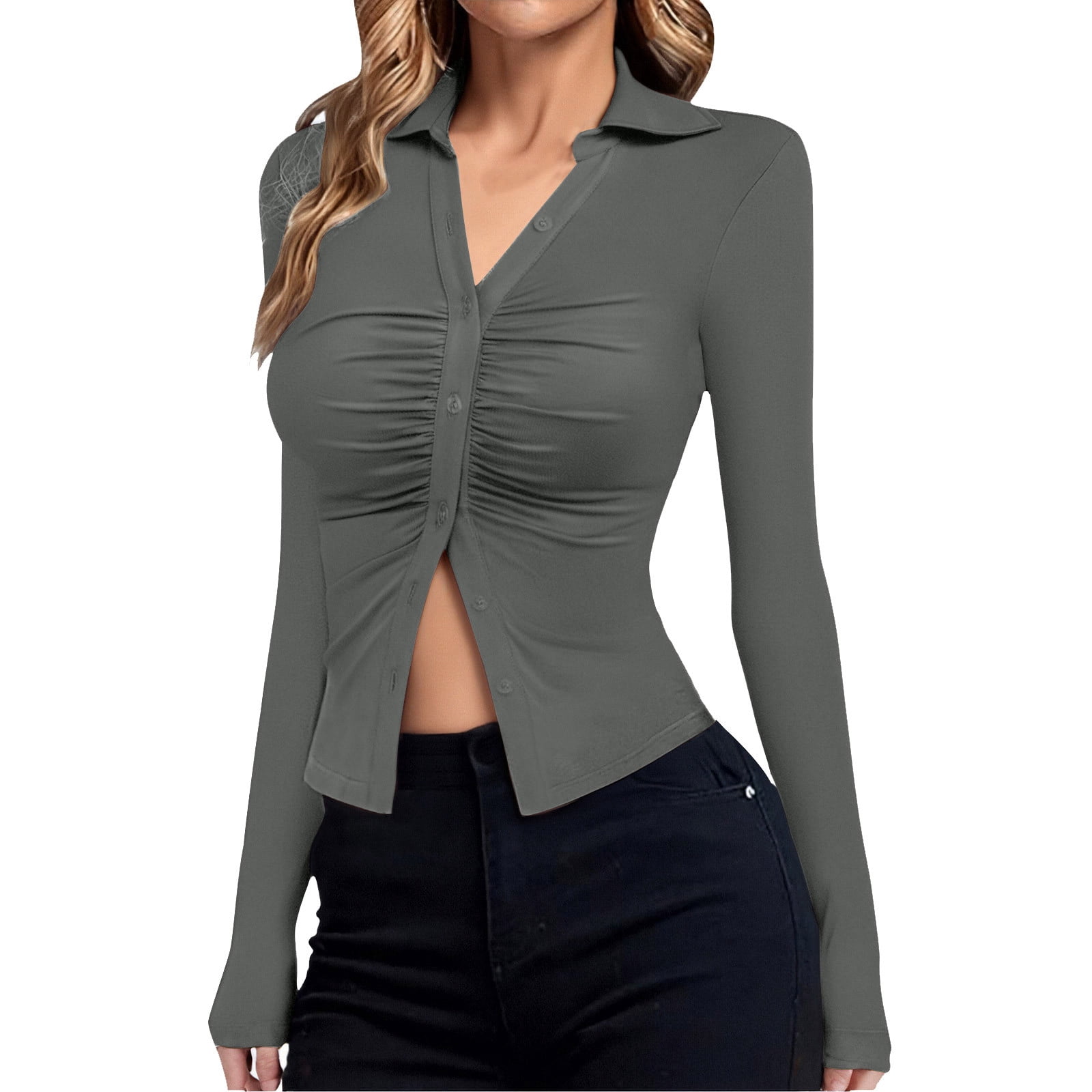 Sevevn Womens Button Down Shirts V Neck Collared Ruched Slim Fit
