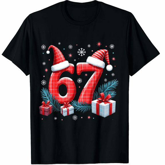 Funny Six Seven 6 7 Meme 67 Christmas Red Plaid Xmas Pajamas T-Shirt (Men's, Women's)