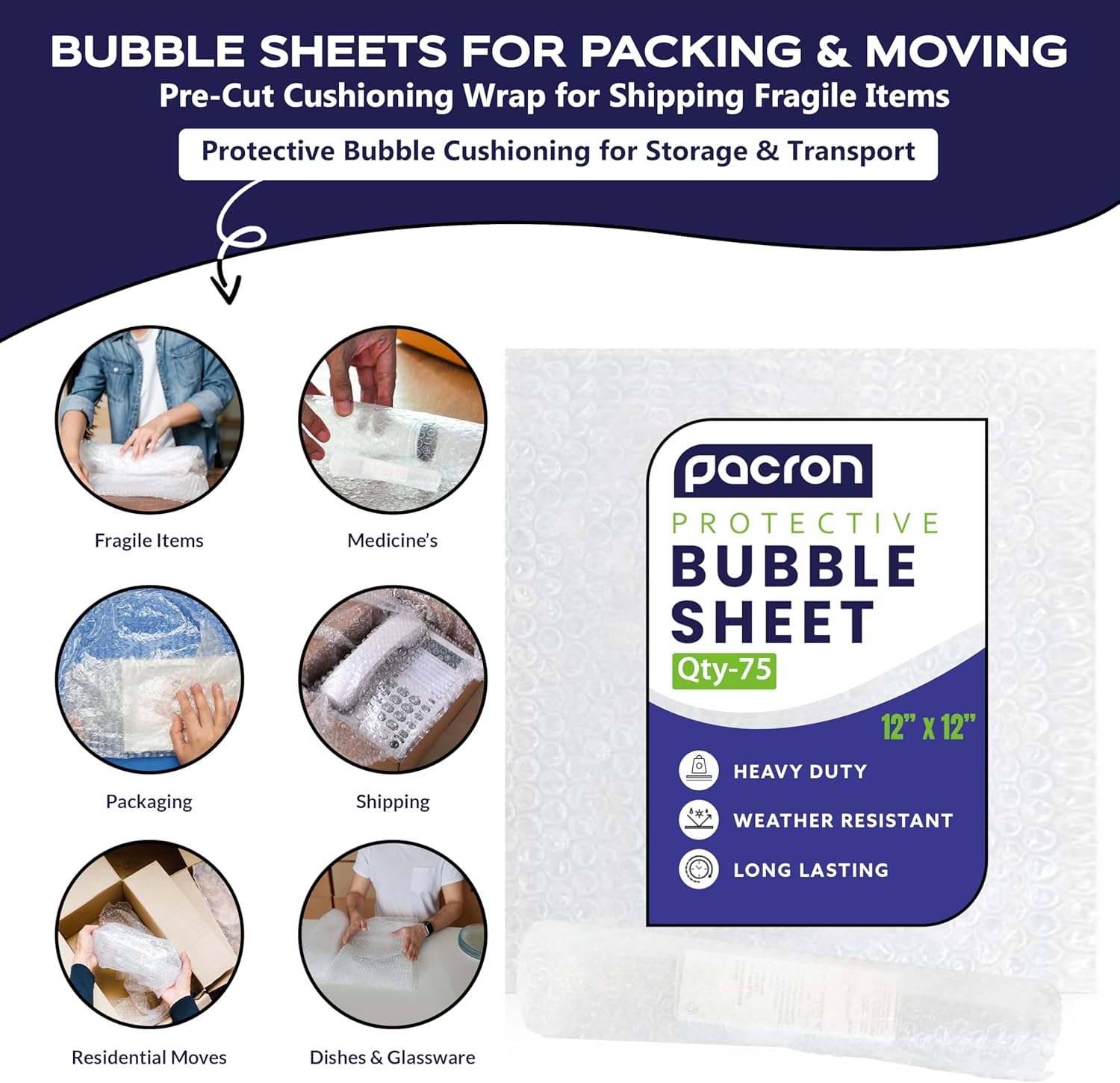 Pacron Bubble Wrap Sheets  12x12, 75-Count - Eco-Friendly Wrap for Shipping Fragile Items
