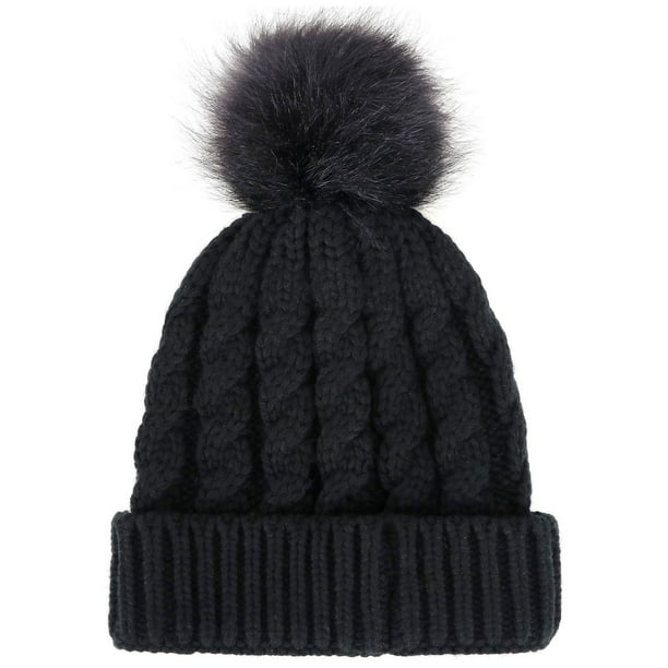 fure lys s kløft Winter Hand Knit Beanie Hat with Faux Fur Pompom, Black - Walmart.com
