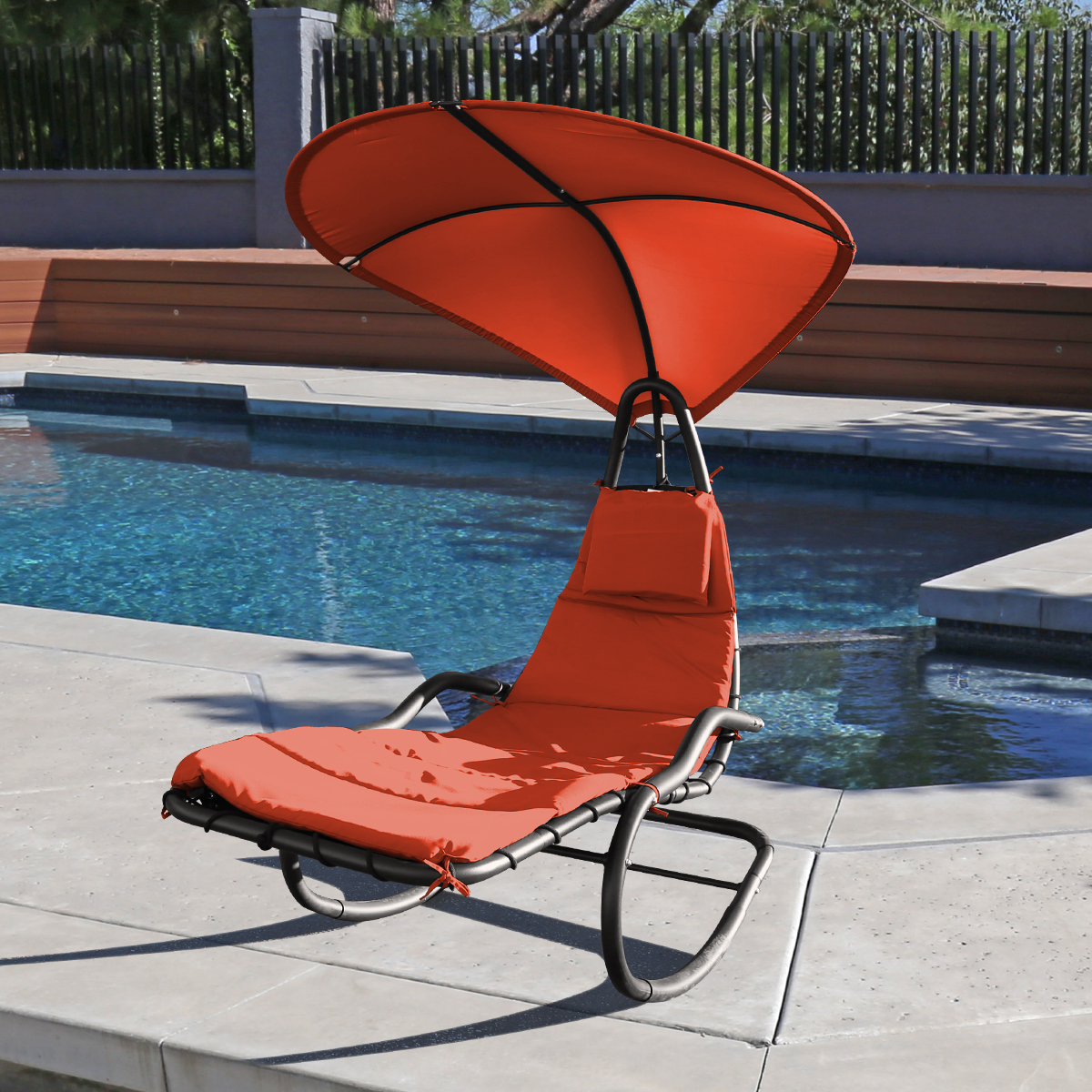 Rocking Hanging Lounge Chair - Curved Chaise Rocking Lounge Chair Swing For Backyard Patio w/ Built-in Pillow Removable Canopy with stand {Orange} - image 2 of 8