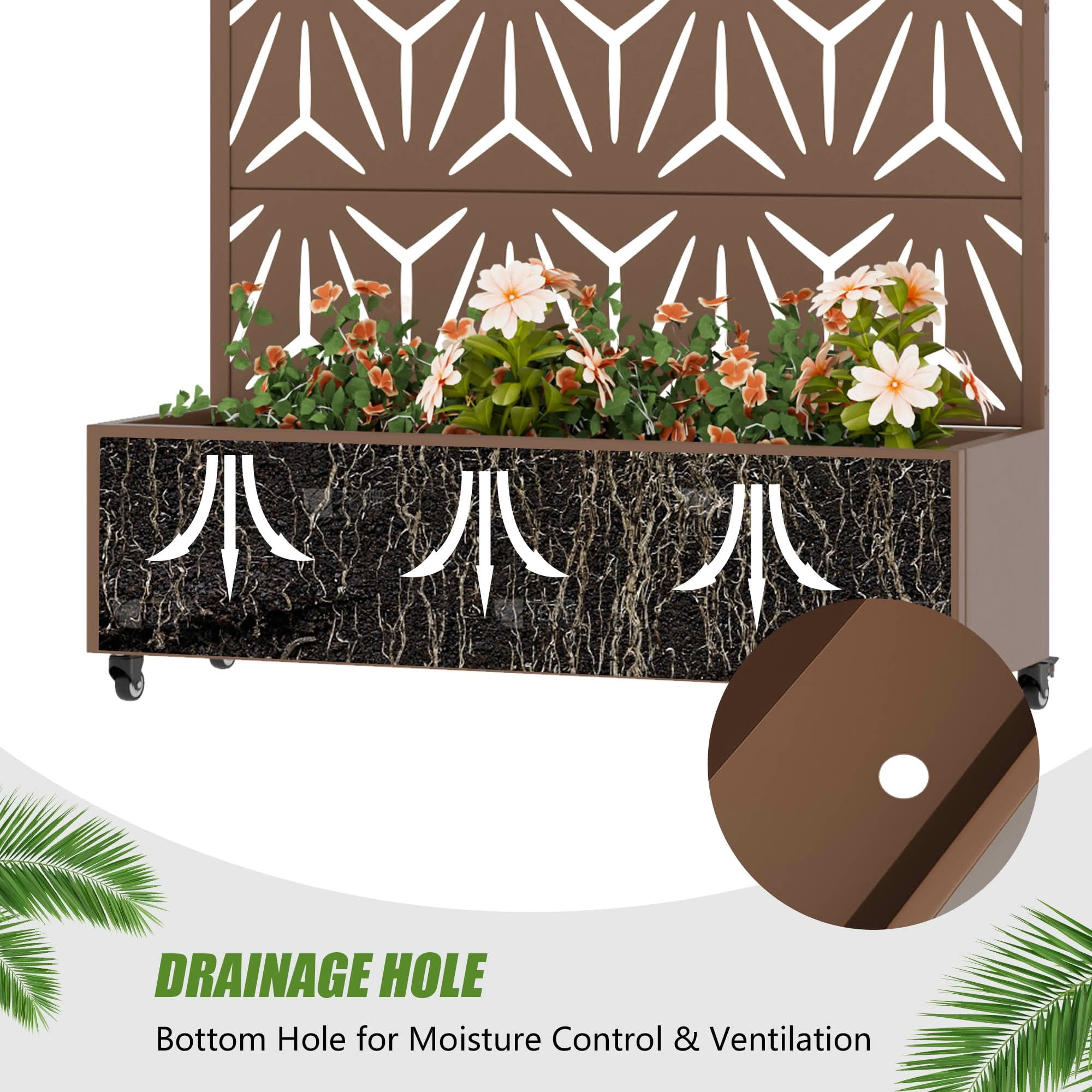 MAYEERTY 47X47" Metal Outdoor Brown Privacy Screen with Planter Box for Backyard & Garden, 3 Piece Set