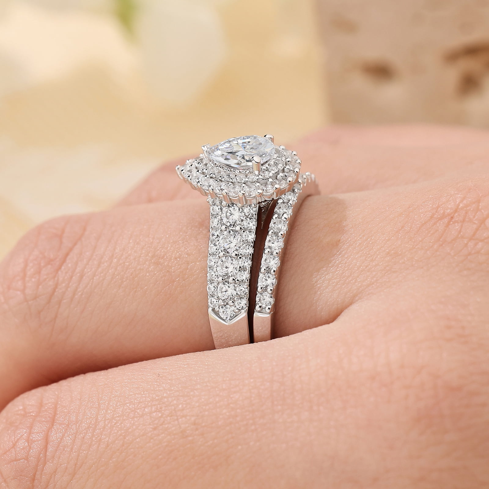Newshe Jewellery 2 Ct Moissanite Bridal Ring Sets Double Halo Pear Cut Engagement Promise Rings for Women Size 8