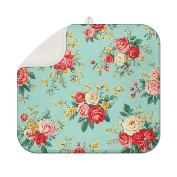Pioneer Flower Floral Print Pattern Dish Drying Mat for Kitchen 1 Pack, Ultra Absorbent Microfiber Dishes Drainer Mats,16"x18"