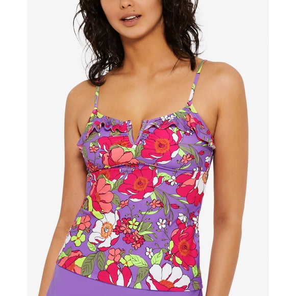 Hula Honey Juniors’ Impressionist Bloom V-Wire Tankini Top, Purple/Multi, Large