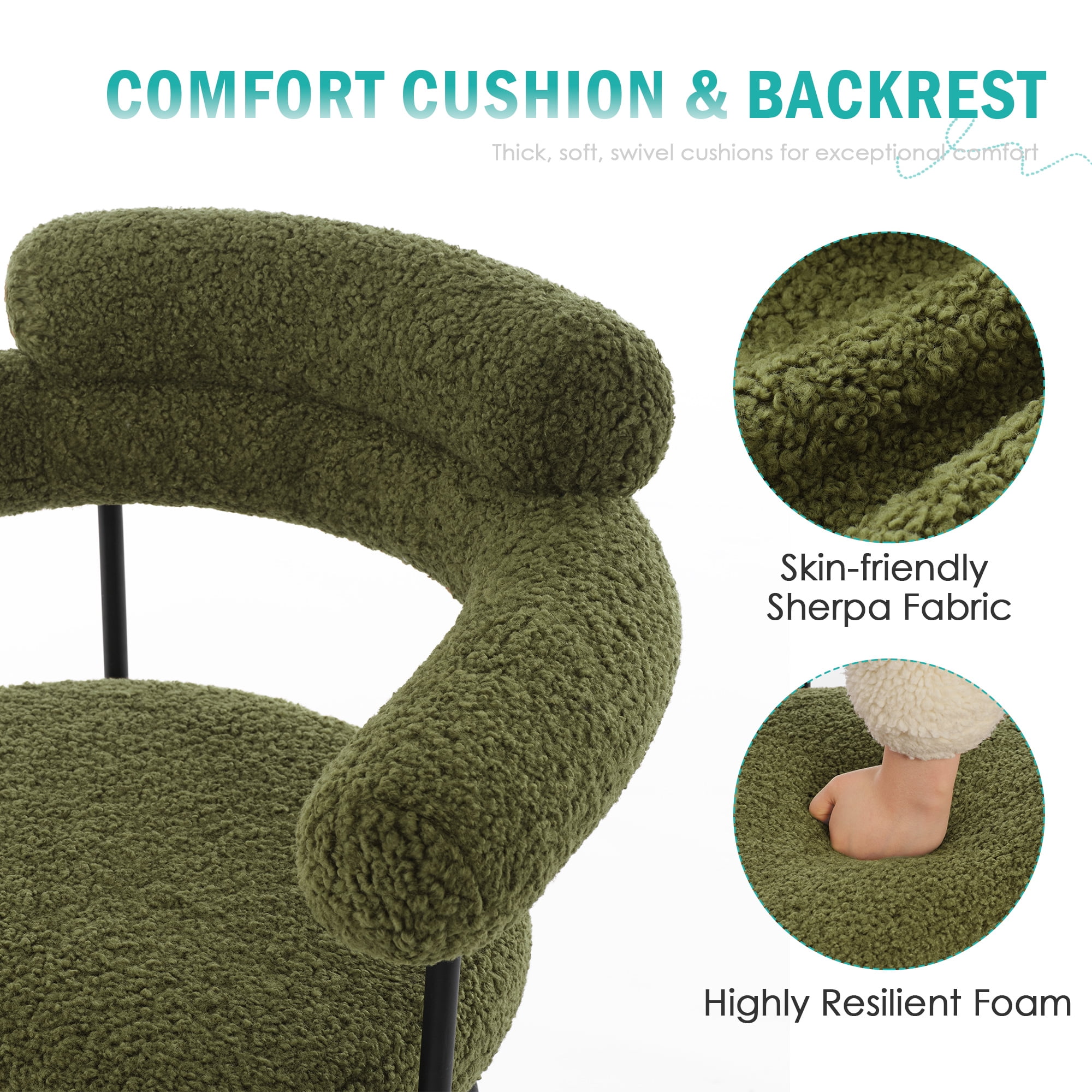 Zesthouse 26.7" Swivel Counter Stools Set of 2, Upholstered Sherpa Bar Stools with Back and Metal Legs, Modern Counter Height Chairs for Kitchen Island, Green