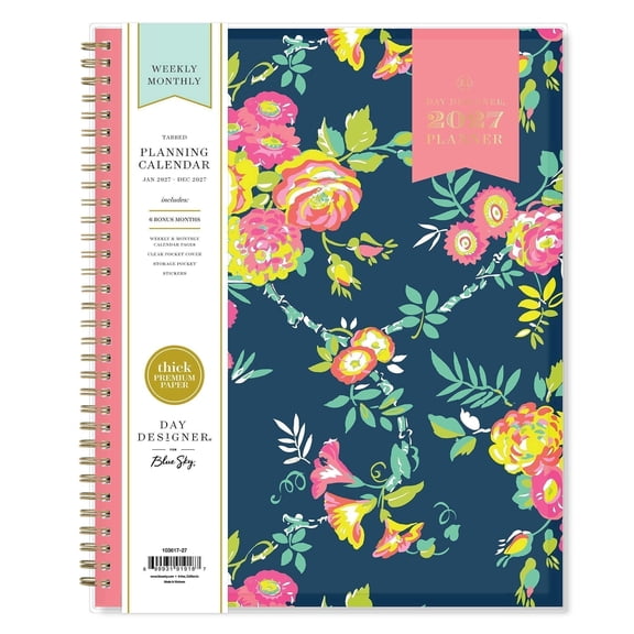Blue Sky Day Designer 2027 Weekly and Monthly Planner Calendar, January 2027 - December 2027, 8.5" x 11", Clear Pocket Cover, Durable Twin Wire Binding, Storage Pocket, Includes Stickers, Peyton Navy