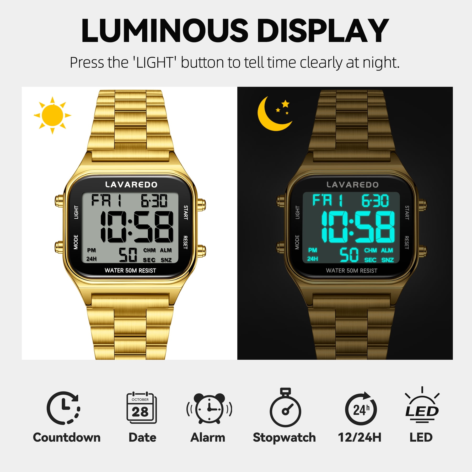 Men's Digital Sport Watch - LED Display, Stainless Steel Strap, Date, Alarm, Stopwatch,Water-Resistant Man Watch Ideal Gift for Men