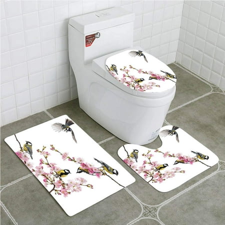 GOHAO Flying Birds Group Cute Humming Birds on a Flowering Branch Best Friends 3 Piece Bathroom Rugs Set Bath Rug Contour Mat and Toilet Lid