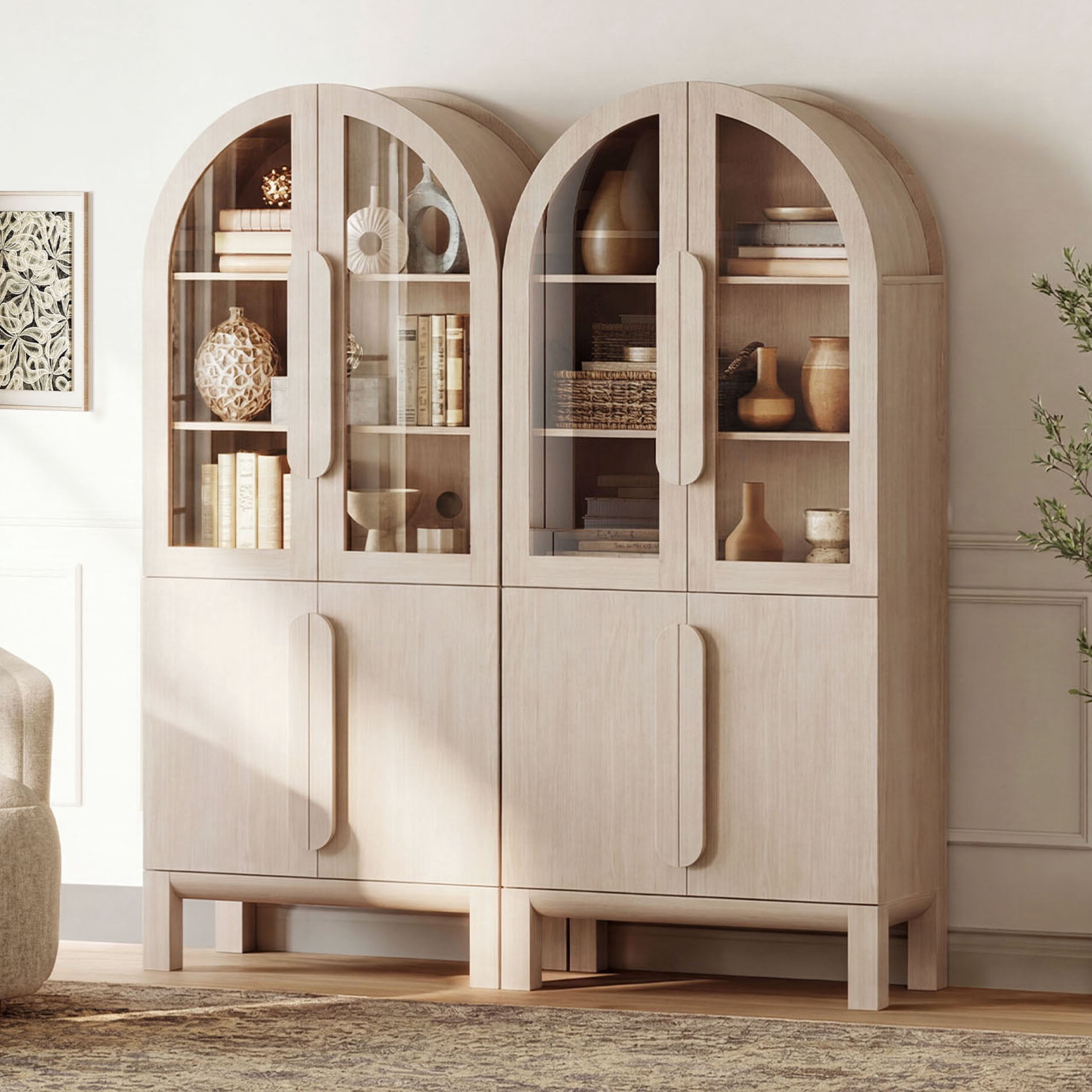 71"H Arched Bookshelf Set of 2, Modern 5 Tier Bookcase with Cabinet, Wooden Display Cabinet with Glass Doors and Adjustable Shelves, Versatile Bookshelf for Living Room, Study, Office