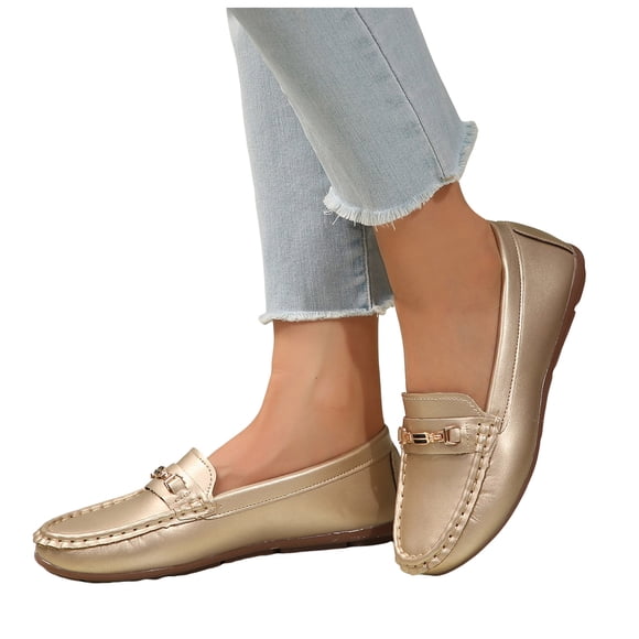 Women's Comfortable Leather Loafers Slip On Driving Mocs Walking Shoes Business Casual Dress Shoes Work Flats Gold Size 7