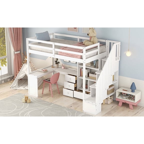 Mirightone Twin Size Wood Loft Bed, Multifunctional Twin Bed Frame with L-Shaped Desk and Drawers, Cabinet and Storage Staircase, White