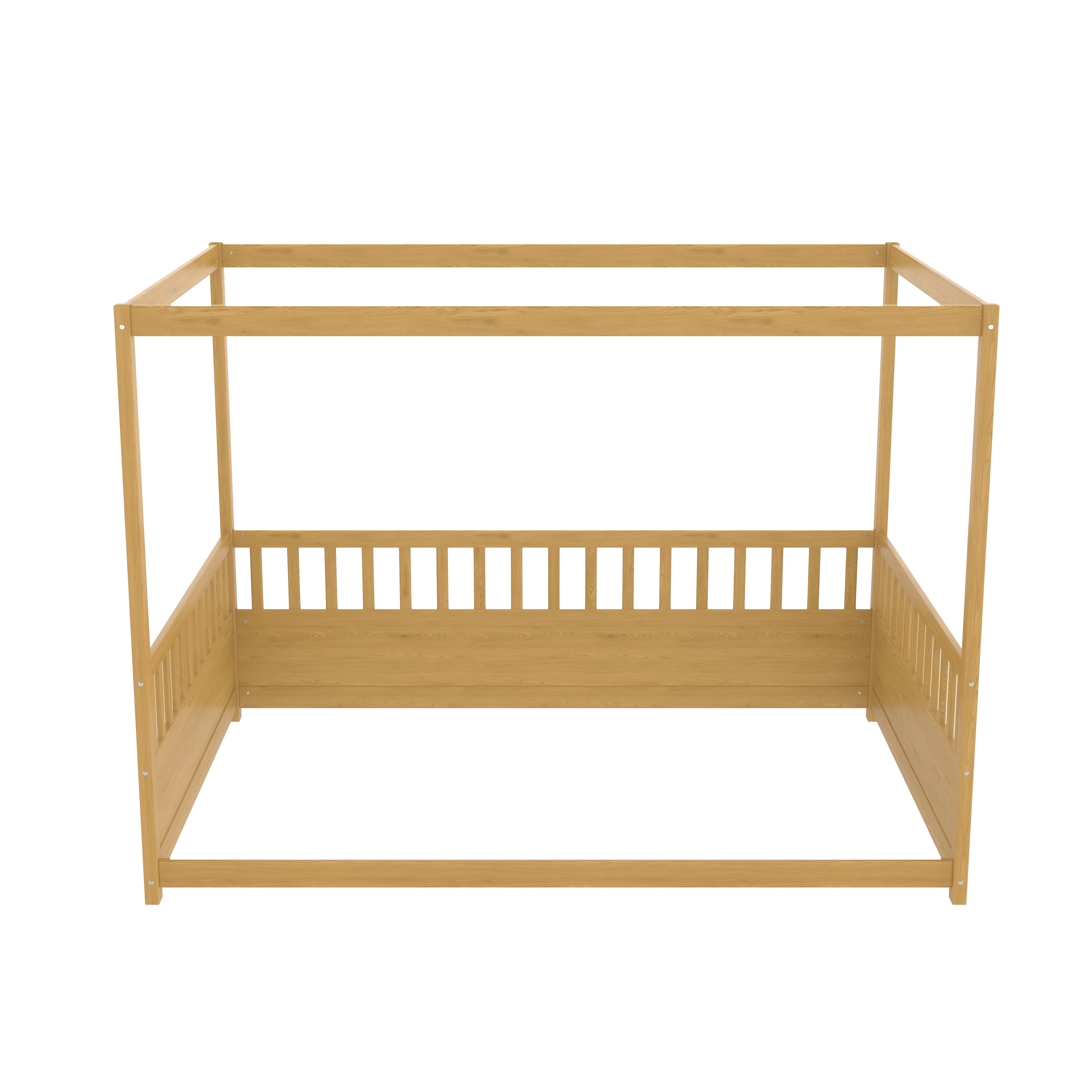 Canopy Bed Frame with Guardrails for Kids, Full Size Floor Bed with Four Poster Design, Natural Pine Wood Montessori Bed, Low Profile Floor Bed with 21.45-Inch Guardrail
