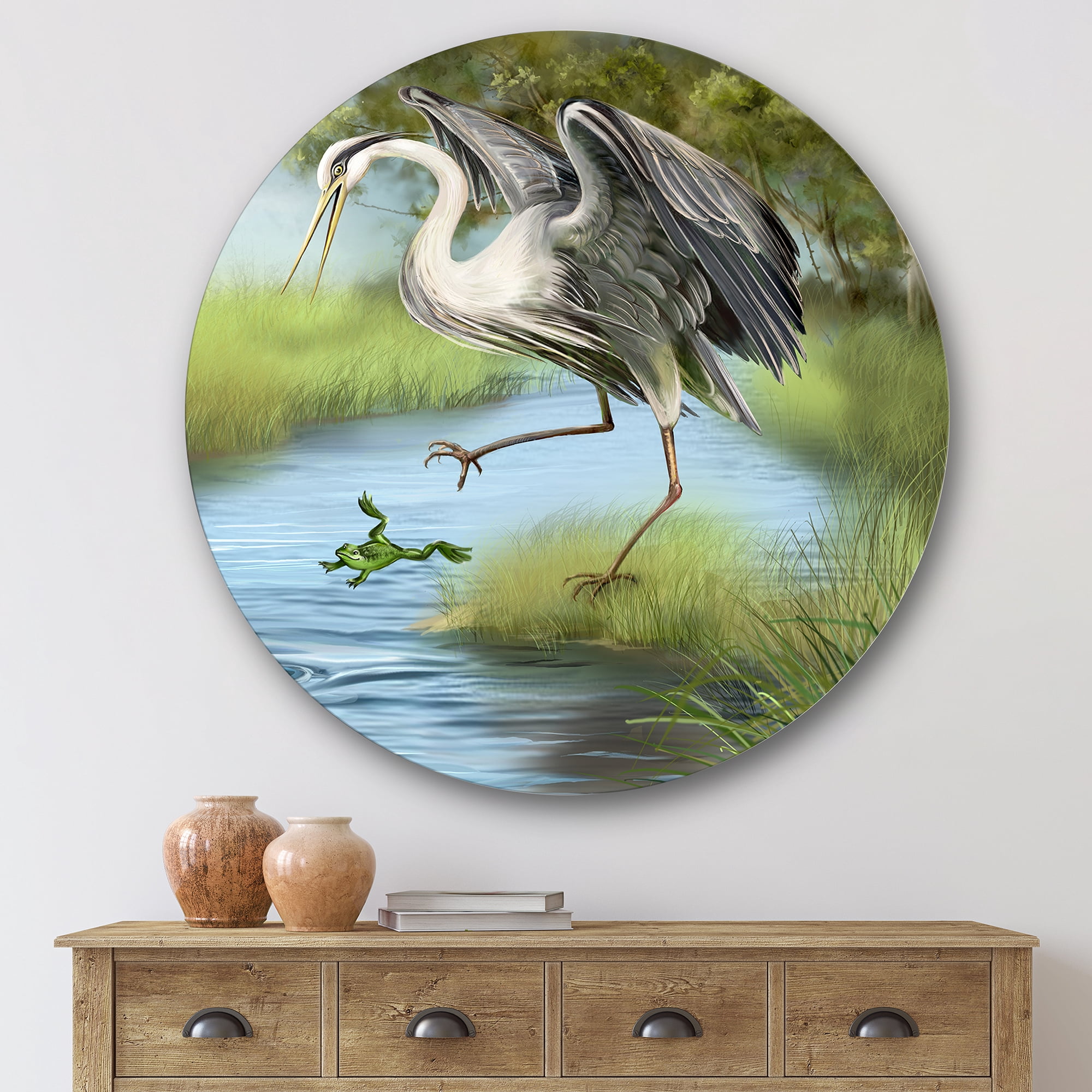 Designart 'Crane Hunting A Frog' Farmhouse Circle Metal Wall Art 29x29 - Disc of 29