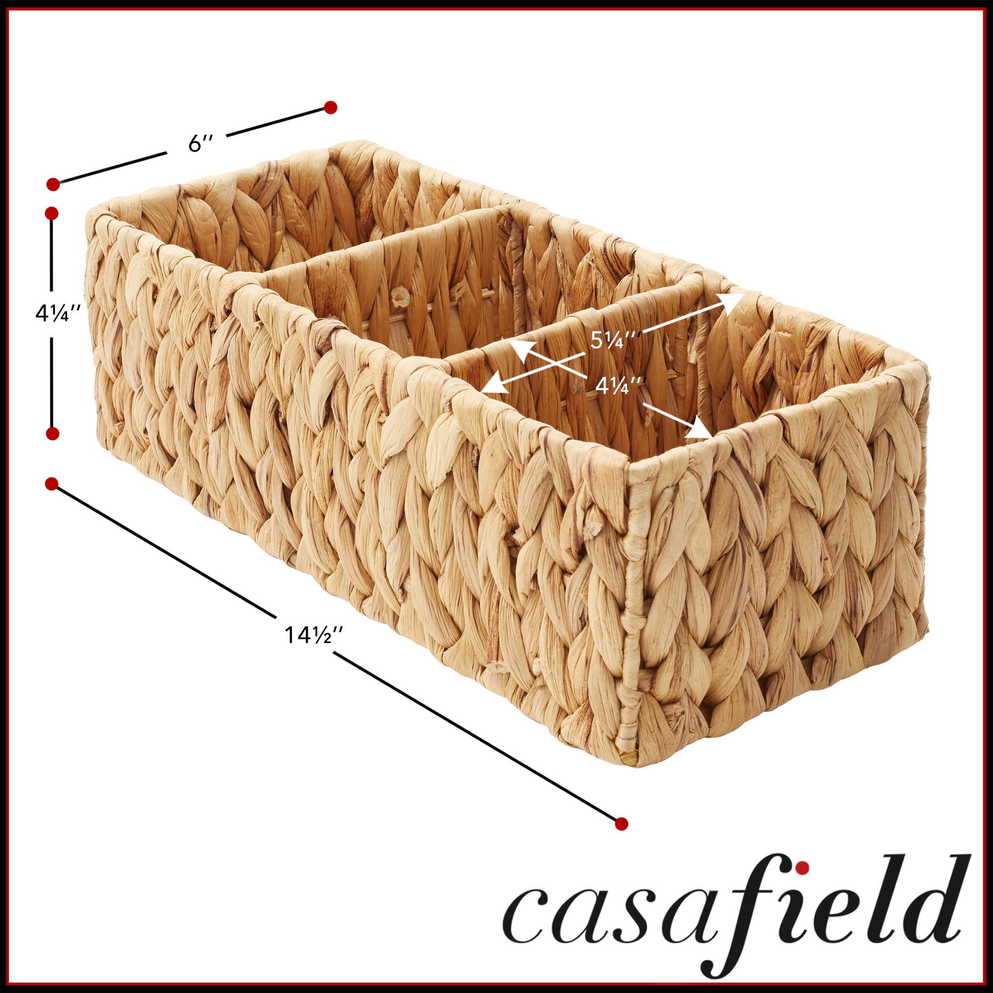 Casafield Set of 2 Water Hyacinth Storage Baskets with 3 Sections, Natural - Woven Bin Organizers for Bathroom, Laundry, Pantry, Office, Shelves