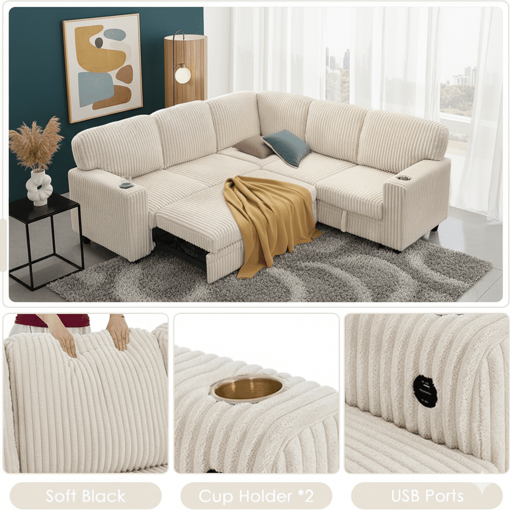 81" Modular Sectional Sofa, Corduroy Pull Out Couch Bed Sleeper Sofa Bed with Storage Seat, Cup Holders & USB/Type-C Ports, V Shaped Sectional Couch for Home Living Room (Beige)