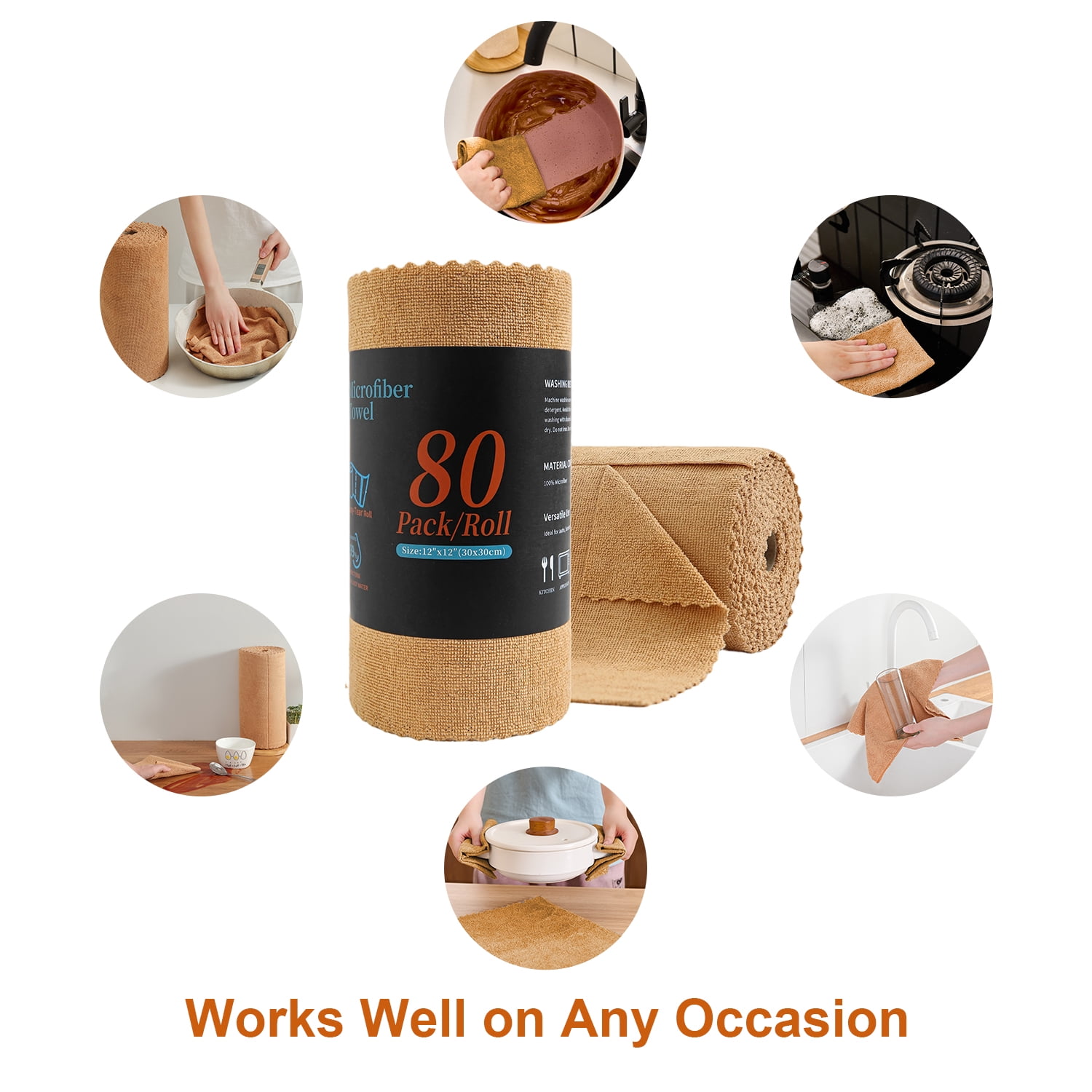 Beartech 80 Pack Microfiber Kitchen Towels Cleaning Cloth Roll,Lint Free Rags & Tear Away Reusable Towels,Washable Shop Rags,Ultra Absorbent Dish Rags for Car Kitchen Window Garage-Dark Brown