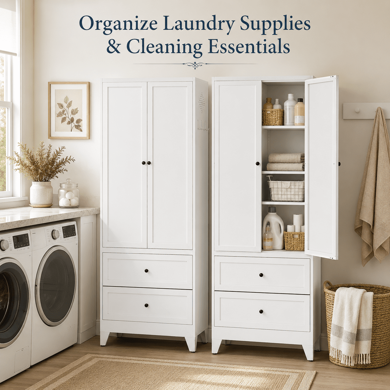 IKIMI 72" White Metal Pantry Cabinet with 2 Drawers and Adjustable Shelves, Tall Kitchen Storage Cabinet, Freestanding Cupboard for Dining Room, Bathroom, Laundry Room