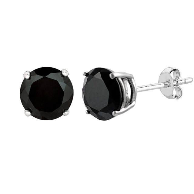 Sterling Silver Rhodium Finish 6mm Black Round Cubic Zirconia Stud Earring