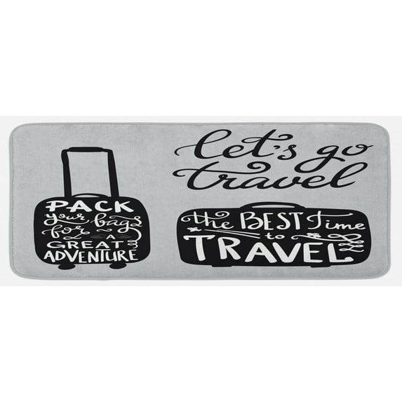 Adventure Kitchen Mat, Packing the Bags and Traveling World Journey and Fun Themed Work of Art Print, Plush Decorative Kitchen Mat with Non Slip Backing, 47" X 19", Black White, by Ambesonne