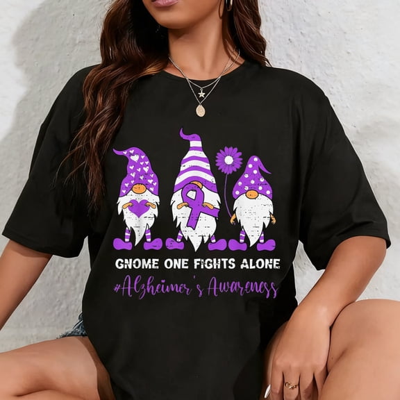 100% Cotton Support Alzheimer's Awareness Gnome Ribbon Purple Dementia T-Shirt