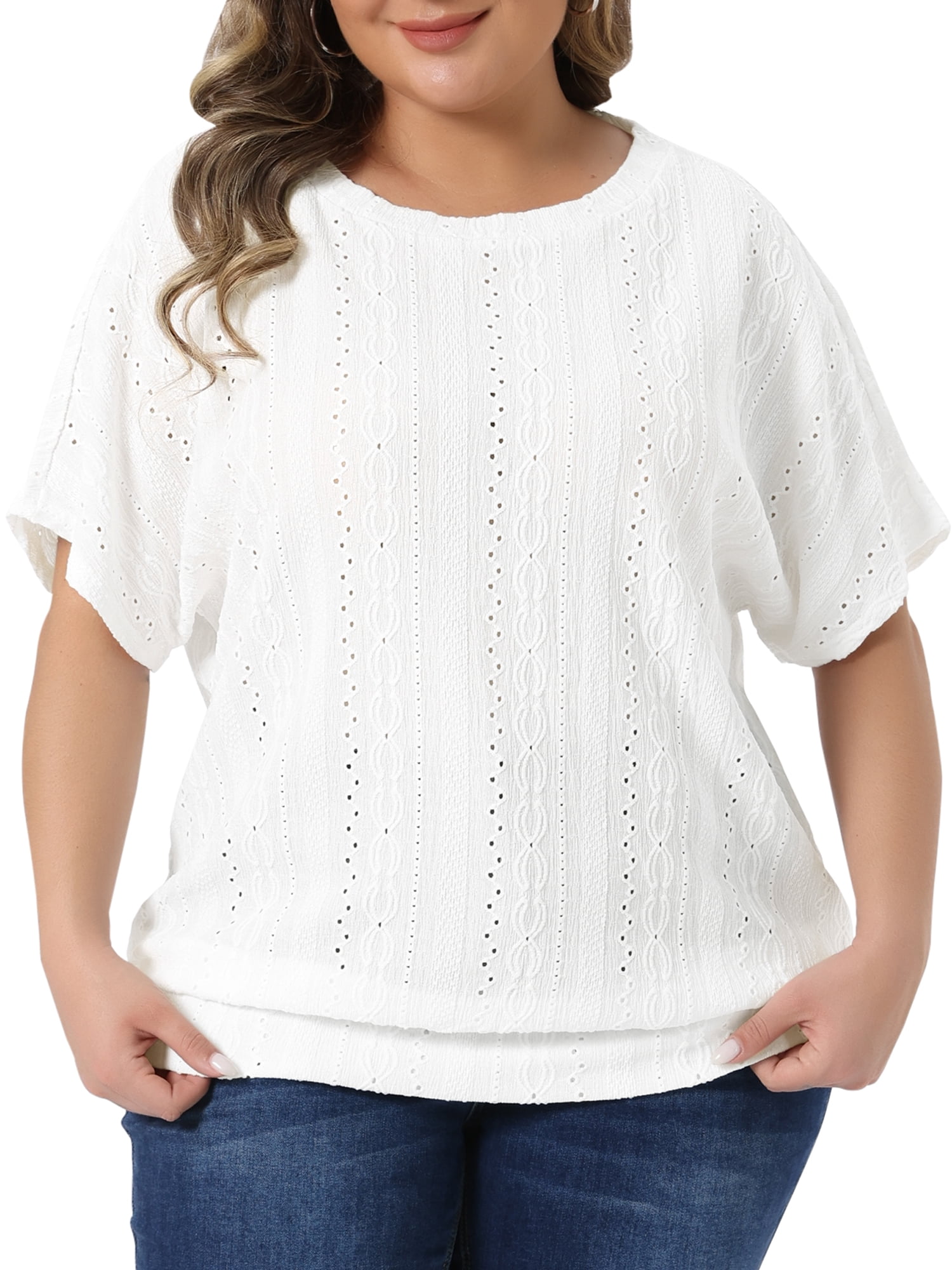 DARING DIVA Women's Plus Crew Neck Hollow Short Sleeve T Shirt 1X White