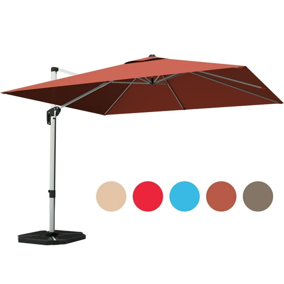 Gymax 10Ft Square Offset Hanging Patio Umbrella w/ Base 360 Degree Tilt Brick Red