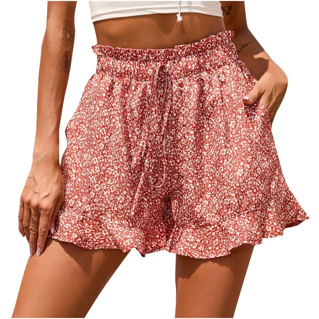 Pantalones Cortos Para Mujer Casual de Moda Con Bolsillos Cordón Impreso Volantes Pantalones Odeerbi ODB168233