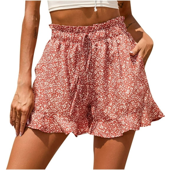 Women's Casual Summer Shorts Elastic High Waist Ruffle Hem Floral Print Comfy Beach Short Lounge Pants with Pocket