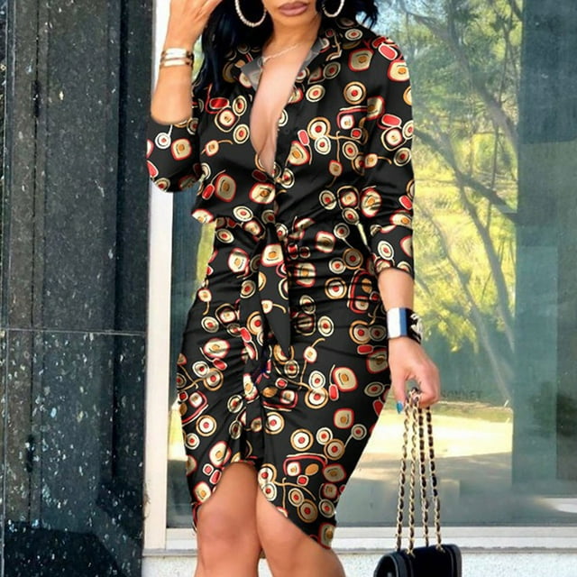 ESSSUT Robes pour Femmes 2023 Robe Femme Col en V Manches Longues Imprimé Bandage Chemise Robe Noire S