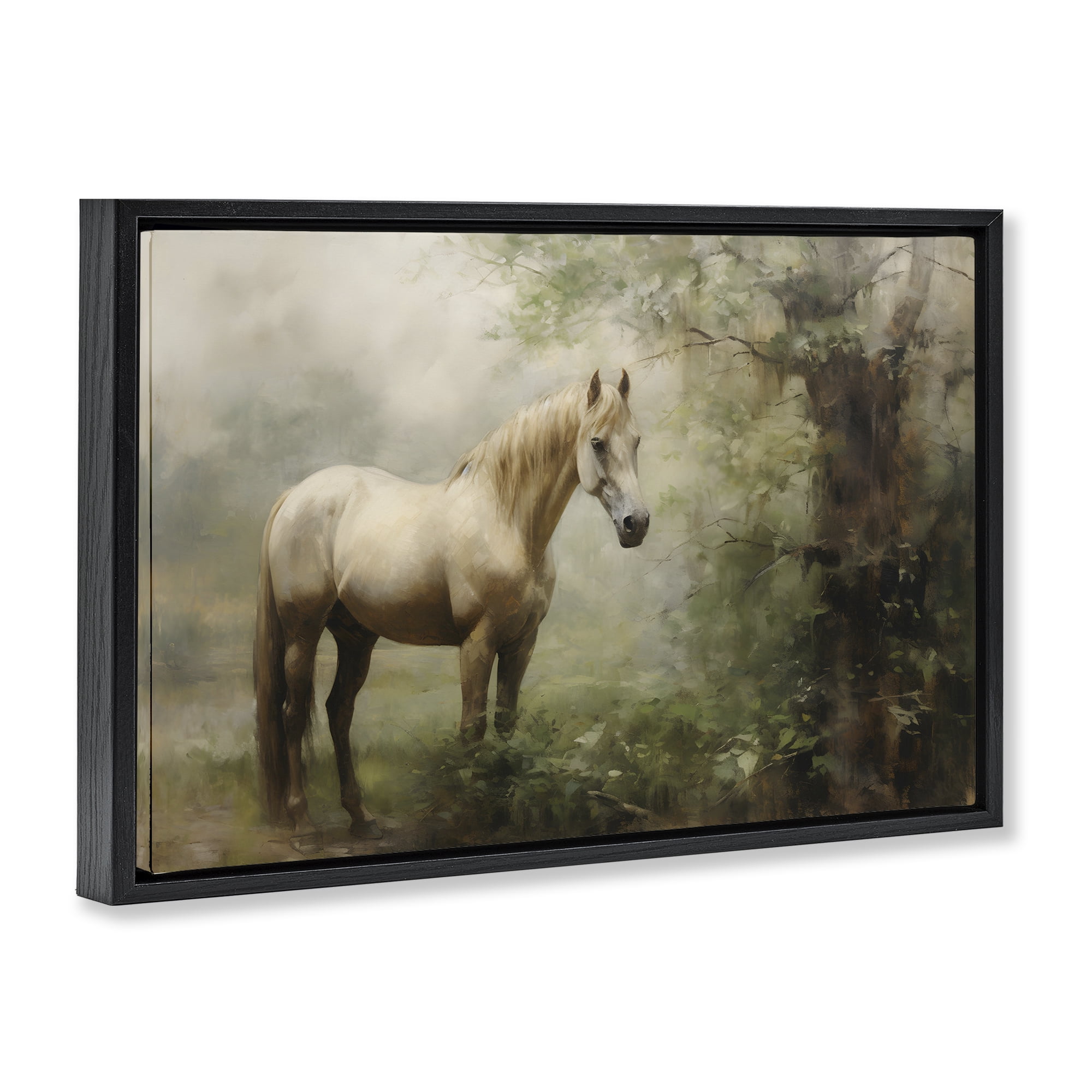 Stupell Industries Horse in Forest Woods Landscape Painting Black Floater Framed Canvas Art Print Wall Art, 25 x 17