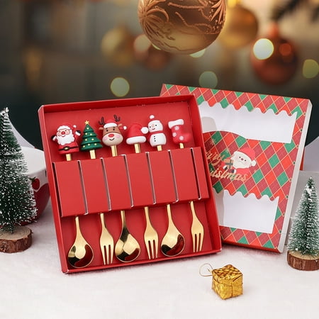 

Clinaoy 6Pcs/Set Christmas Fork Spoon Kit with Gift Box Food Grade Stainless Steel Xmas Charm Topper Long Handle Cutlery Utensils Festival Gift