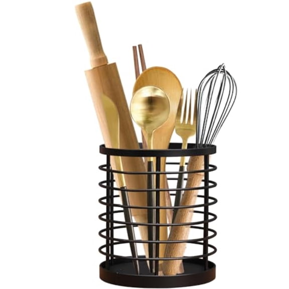 VAETTLO Kitchen Utensil Holder, Matte Black Rustproof Steel Organizer with Wooden Base, 5.2 x 5.2 x 6 inch Countertop Storage Caddy