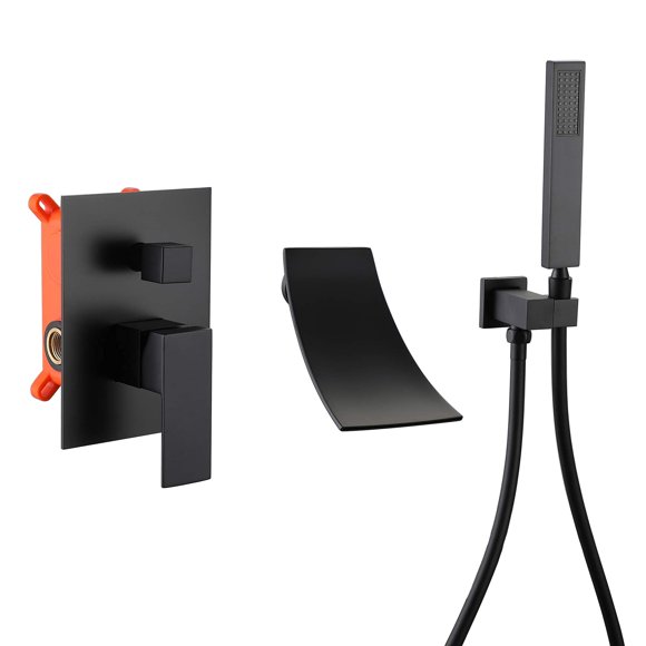 Deoler Wall Mount Bathtub Faucet With Handheld Shower Matte Black Modern Bathroom Single Handle Tub Filler With High Flow Waterfall Spout Solid Brass Tub Shower Faucet Set Rough-In Valve