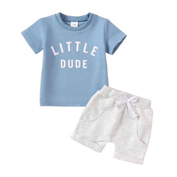 Baby Boy Summer "Little DUDE" Letter Pattern Short Sleeve Round Neck T-shirt Shorts Casual Set Infant Spring Summer Outfits