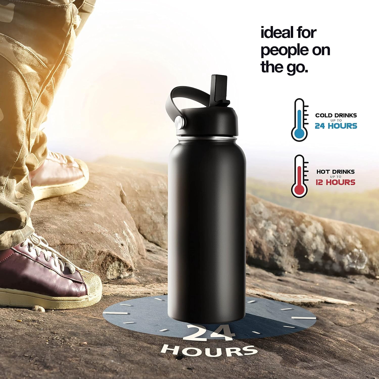 Brewberry Stainless Steel Sports Bottle and Travel Mug for Hot and Cold Beverages, Wide Mouth, Double Wall Insulated Hydration Sports Water Bottle for Hiking, Biking, and Activities, 40 oz BPA Free