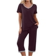 thumbnail image 2 of Njoeus Women's Capris Pajamas Set Soft V Neck Sleepwear Short Sleeve Top and Capris Pants Pjs Comfy Lounge Sets, 2 of 9