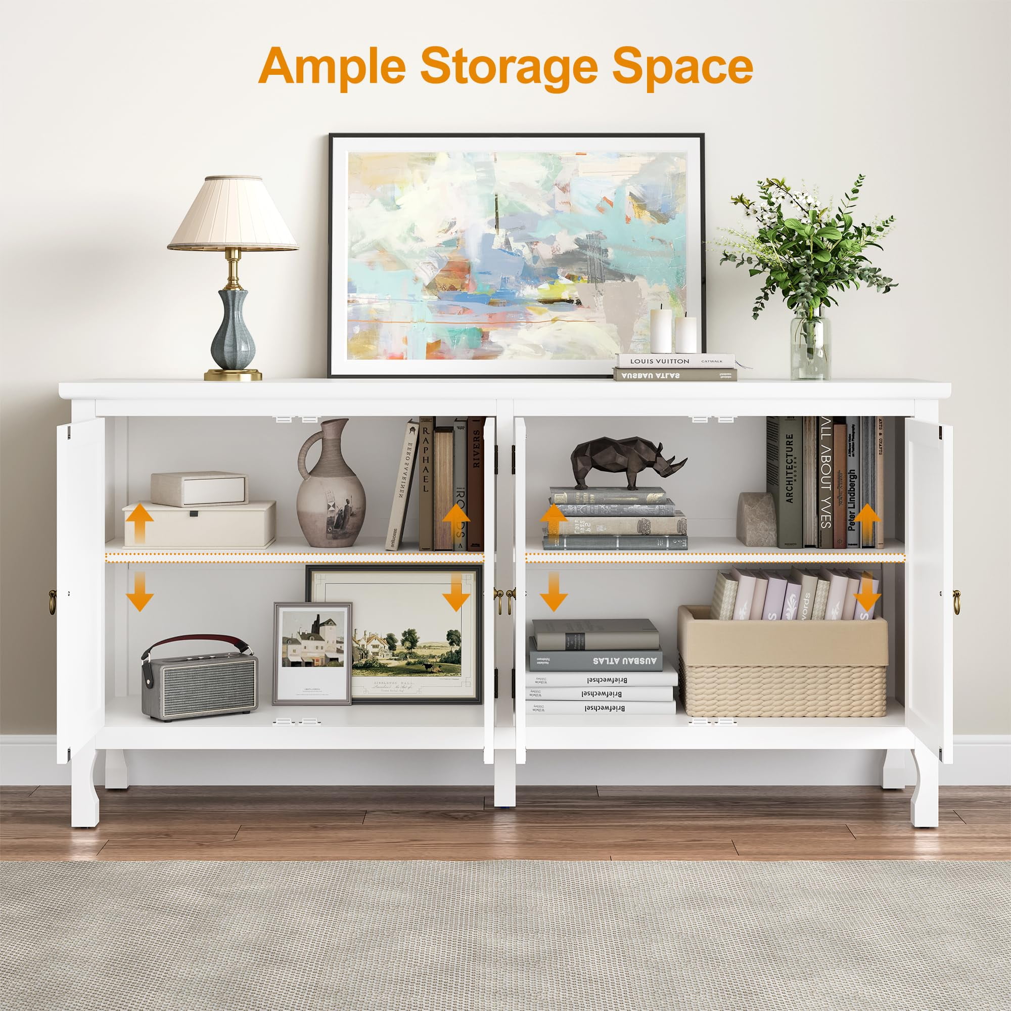 CozyHome 63" Carved Buffet Cabinet with Mirrored Door, Modern Console Cabinet with Storage and Adjustable Shelves, Wood Media Cabinet for Entryway, Living Room, Bedroom, Dining Room, Bathroom (White)